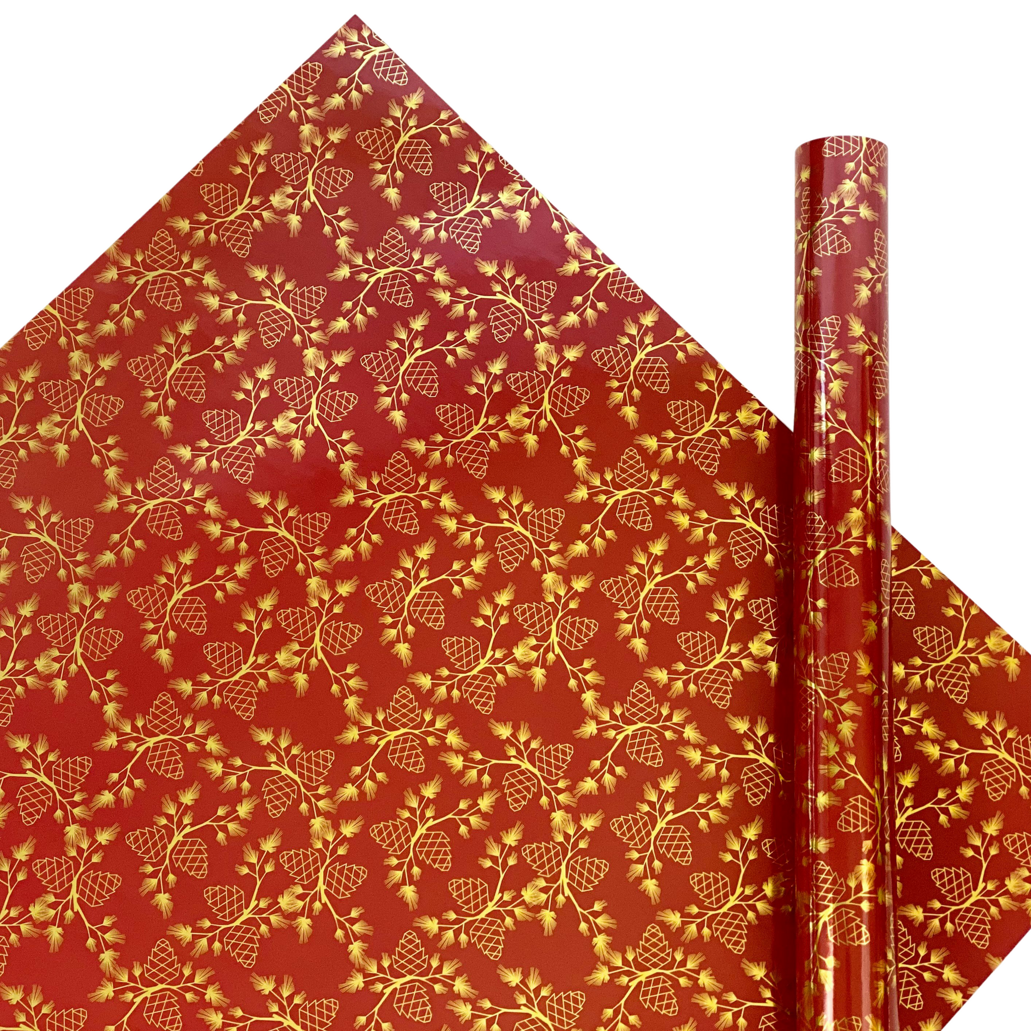 Pine Cone Red Gold Holiday Christmas Gift Wrap Paper Full Sheet