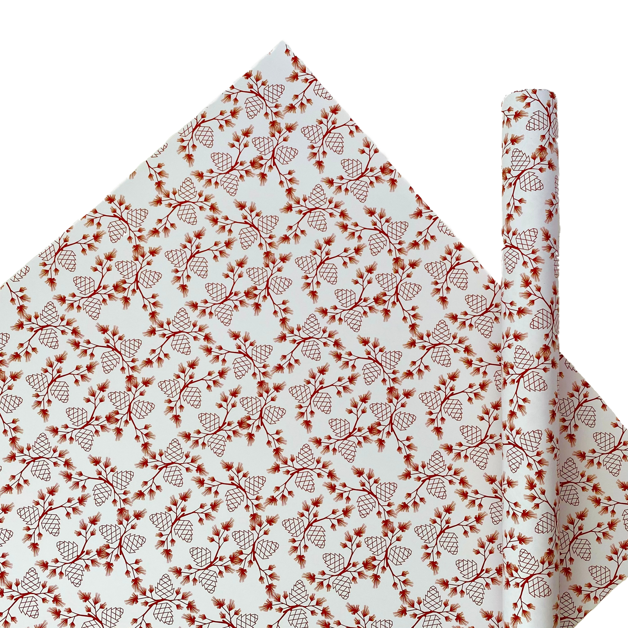 Pine Cone White Red Holiday Christmas Gift Wrap Paper Full Sheet