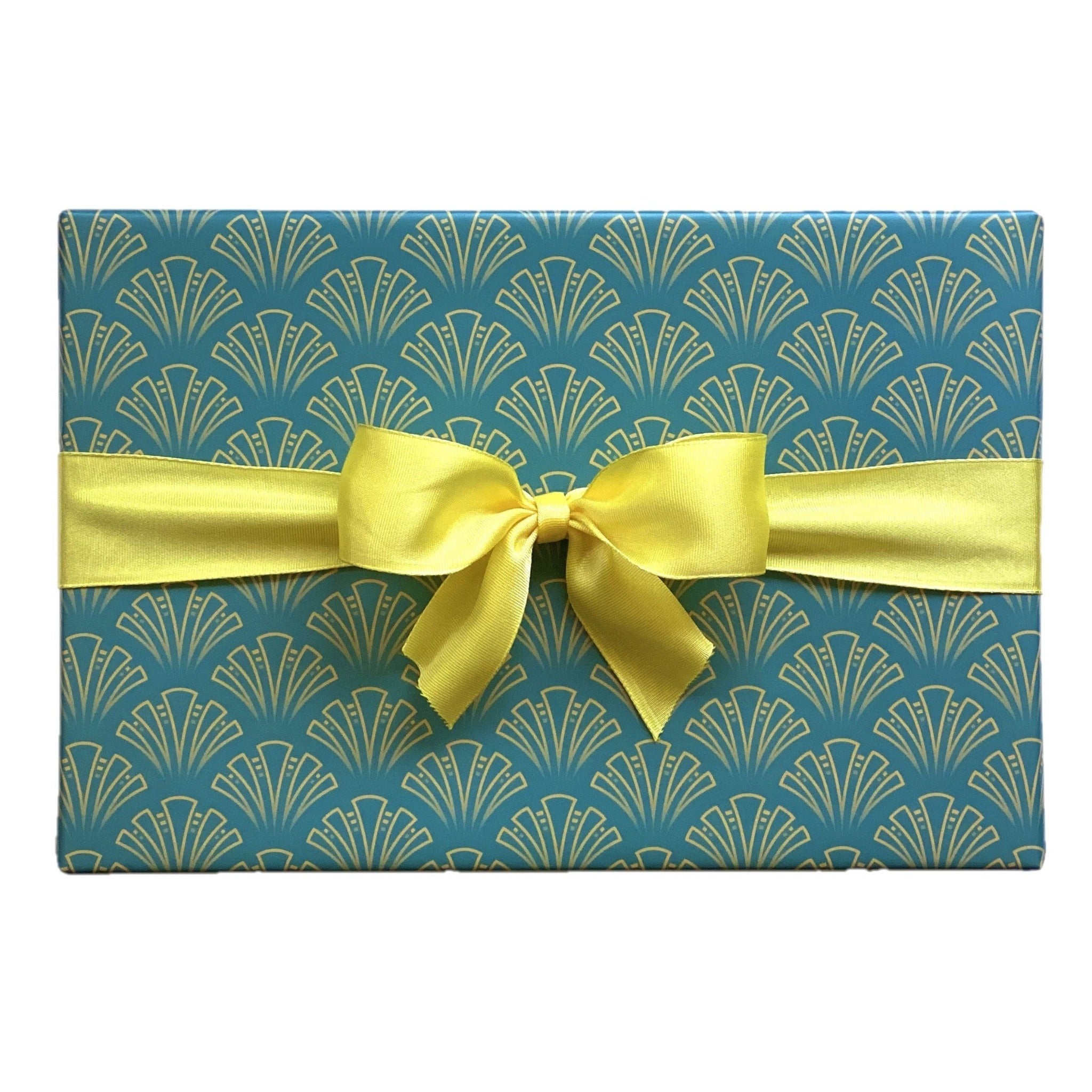 Luxury Magnetic Gift Box Wrapped in Art Deco Fan Teal Gift Wrap Sheet
